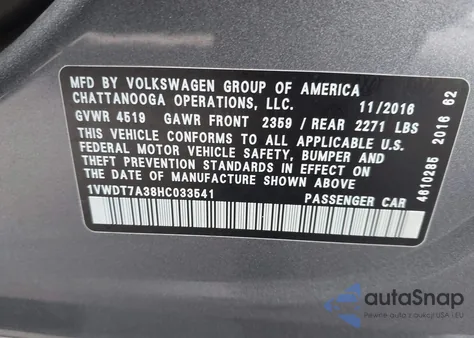 2017 Volkswagen Passat 1.8T R-Line from USA, damaged, VIN 1VWDT7A38HC033541
